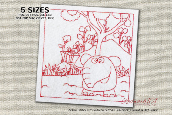 Elephant Holding Gift Box Redwork Embroidery Review